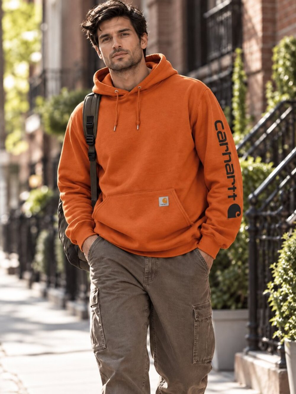 Carhartt Iconic Midweight Graphic Sleeve Pullover Hoodie Orange Size XL